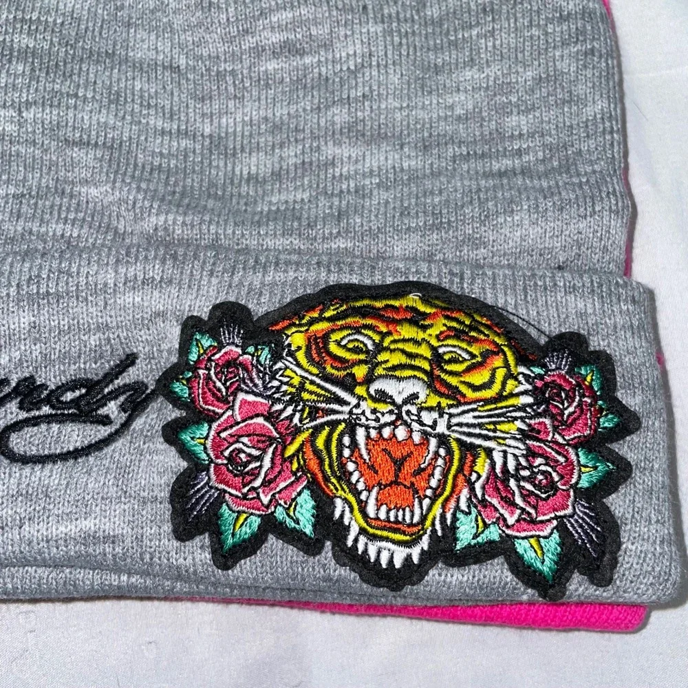 Ed Hardy 2 Pack Beanies Grey Tiger Pink Love Kills Slowly Rhinestone